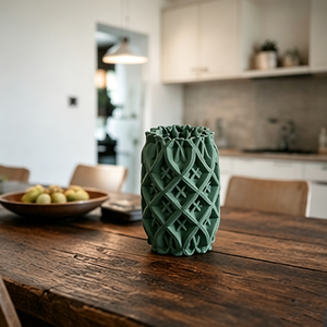 3D Hohlgebohrte Gittermuster Keramikvase in Matt-Dunkelgrün, Wabi-Sabi Vintage Dunkelholz Konsolentisch Deko-Vase - Product Image 5