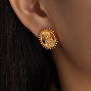 Golden <b>Stud</b> Earrings Star Shape <b>Titanium</b> Steel 18k Plated Retro Style Circular Lines Design - Product Image 4