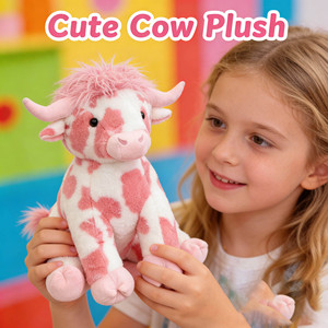 Lindo Peluche de Vaca Highland con Estampado Tie Dye Rosa, Animal de Peluche con Lazo, Bordado de Corazón de Rosa, Regalo de San Valentín para Niñas - Product Image 1