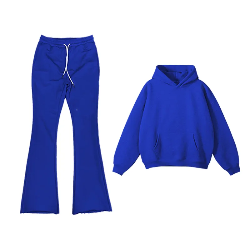 Customclothing erkek kraliyet mavi kırpılmış Hoodie ve Flare ter pantolon Hoodie setleri Unisex giyim üreticileri