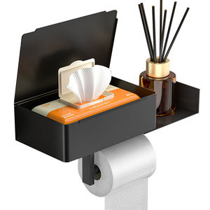 Erogatore per salviettine umidificate per bambini contenitore in tessuto nero e supporto per cellulare ripiano laterale per WC - Product Image 1