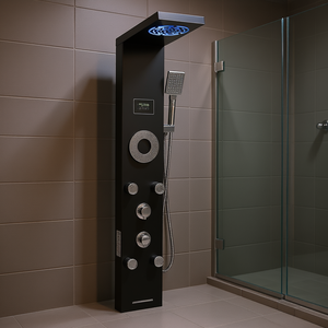 Panel de ducha de acero inoxidable con cabezal de lluvia y chorros de masaje, montaje en pared, negro mate, diseño contemporáneo - Product Image 2