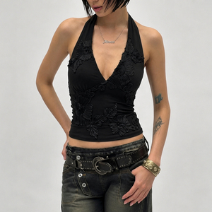 Top Halter de Malla con Cuello en V y Bordado Floral de Satén Fresco de Verano, con Espalda Abierta y Ajuste Ceñido que Realza la Figura - Product Image 5