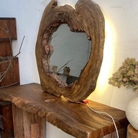 Rustic Wabi Sabi Style Live Edge Solid Wood Natural Slab Entryway LED Mirror Furniture with Ambient Light Console Table