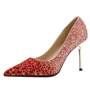 女式性感亮片高跟尖头高跟鞋新时尚女士新娘婚纱鞋红色高跟鞋