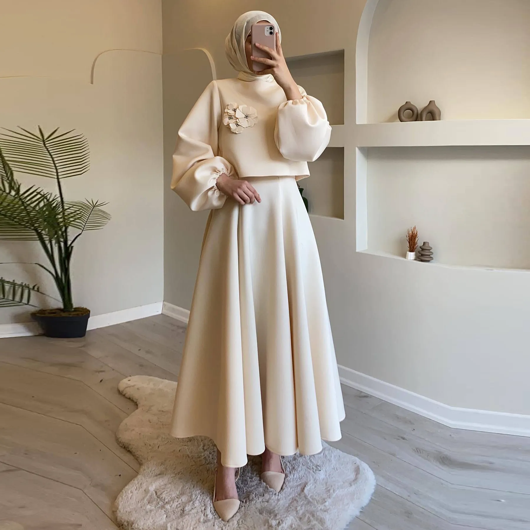 Wholesale Fashion Elegant Modest Islamic Clothing Two-Piece Muslim Women Casual Shirt Floral Lantern Sleeve Loose Dress Set