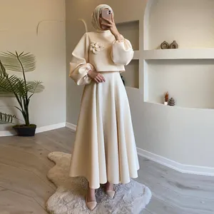 Wholesale Fashion Elegant Modest Islamic Clothing Two-Piece Muslim Women Casual Shirt Floral Lantern Sleeve Loose Dress Set