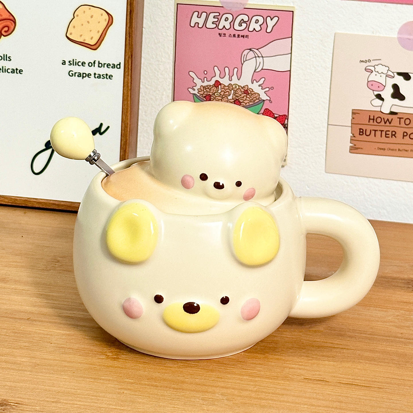 [ฝาปิดแก้วทรงกลมพร้อมช้อน] แก้วอาหารเช้าลายหมี - คัสตาร์ด