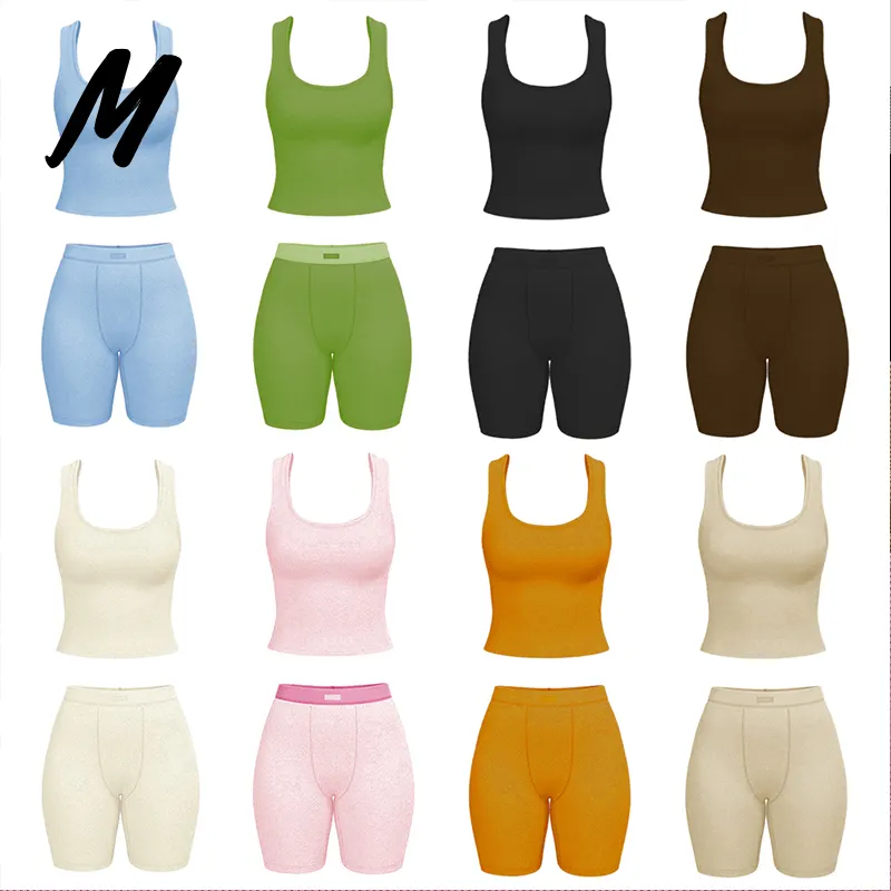 Conjunto de 2 peças de roupas femininas de algodão com logotipo personalizado OEM Bodycon, conjunto de loungewear fitness com costela de malha, regata e shorts para mulheres