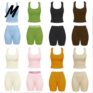 OEM Custom LOGO Cotton Women Clothing Outfits Bodycon 2 Piece Set Knit Rib Fitness Loungewear Women Tank Top And Shorts Sets