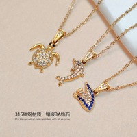 316L PVD Plaqué 18K Dieu Cheval Sealife Charme Pendentif Collier Zircone Pierre Brillant Collier