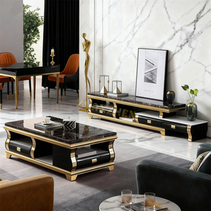 Tavolino da Caffè Xuanzhen in Marmo Nero Moderno <span class=keywords><strong>con</strong></span> Base in <span class=keywords><strong>Legno</strong></span> Dorato e Vano Portaoggetti per Soggiorno - Product Image 6