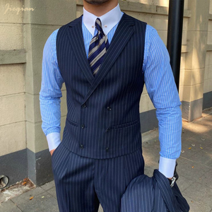 Costume sur mesure en laine <span class=keywords><strong>bleu</strong></span> <span class=keywords><strong>marine</strong></span> à fines rayures pour <span class=keywords><strong>homme</strong></span>, coupe ajustée, ensemble 3 pièces, costumes de luxe pour affaires et mariages, <span class=keywords><strong>blazer</strong></span> et pantalon de costume - Product Image 2
