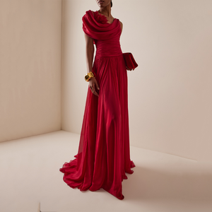 Robe de soirée rouge asymétrique sur mesure, élégante, plissée et drapée, sexy, pour <span class=keywords><strong>femme</strong></span>, vente en gros - Product Image 1