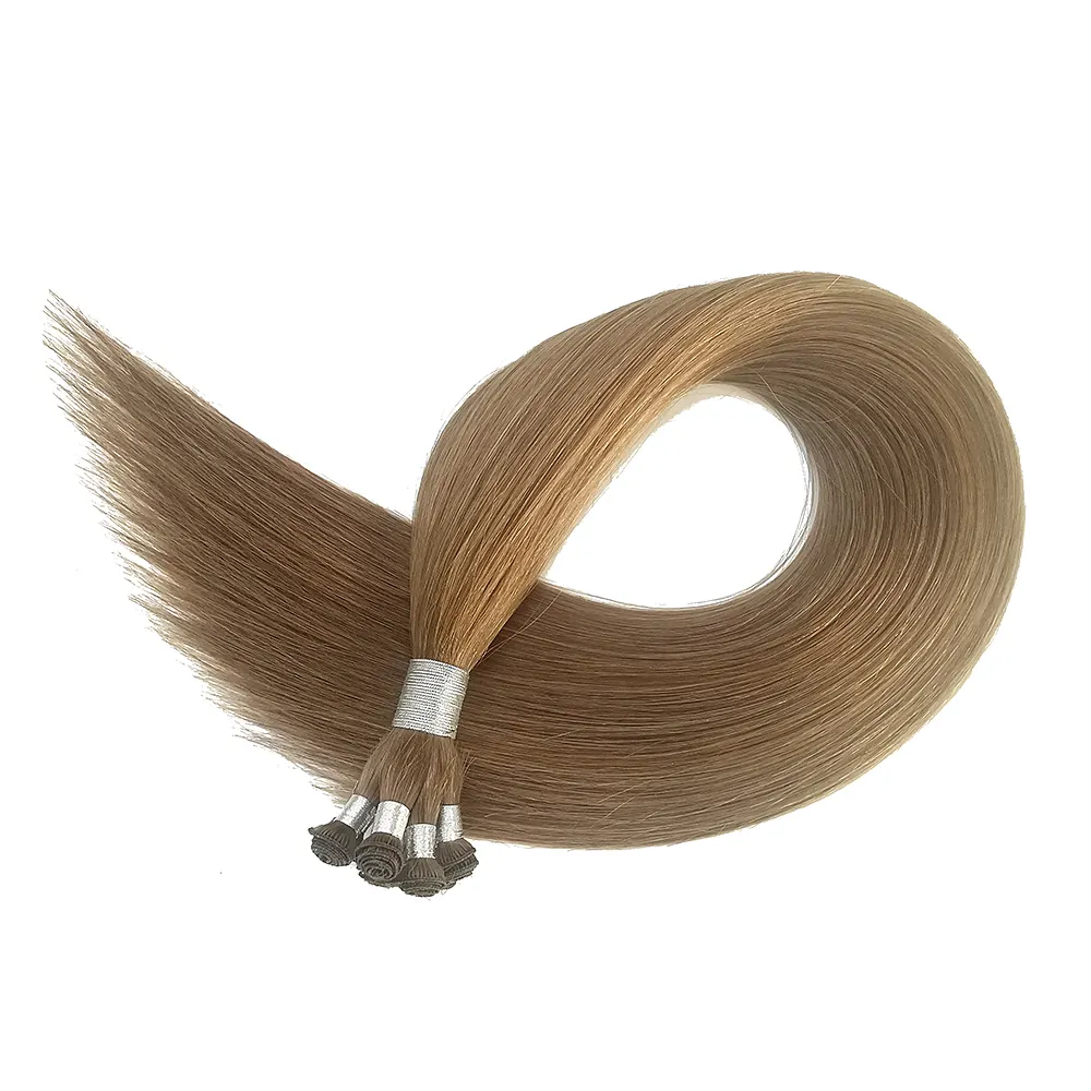 DINGQIAO Hand Tied Hair Extensions #8 Light Brown 100% Human Virgin Hair Quality Remy Hair Weft Bundles Double Drawn 12A