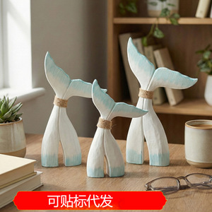 Juego de Adornos de Cola de Ballena de Madera, Estilo Mediterráneo Azul y Blanco, Decoración de Escritorio para el Hogar u Oficina, Forma Irregular, Paquete de Varias Piezas - Product Image 5