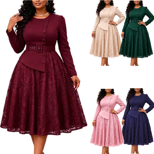 Robes d'automne <span class=keywords><strong>D649</strong></span> pour femmes, robes de bureau élégantes décontractées avec dentelle, manches longues, robes de travail formelles avec ceinture - Product Image 1