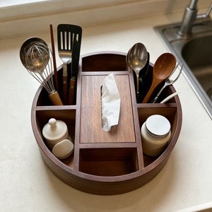 Organizador de maquillaje de madera redondo de 30x30x8cm con seis compartimentos, bandeja de almacenamiento para pañuelos, para tocador, dormitorio, baño - Product Image 4