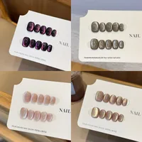 Faux ongles à presser couleur unie, faits main, nude, effet œil de chat, forme amande courte, modèle œil de chat, design autocollant pour ongles carrés
