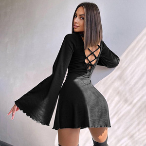 <span class=keywords><strong>Vestiti</strong></span> autunno 2024 donna abiti Casual <span class=keywords><strong>neri</strong></span> un pezzo svasati manica lunga fasciatura abiti <span class=keywords><strong>corti</strong></span> - Product Image 3