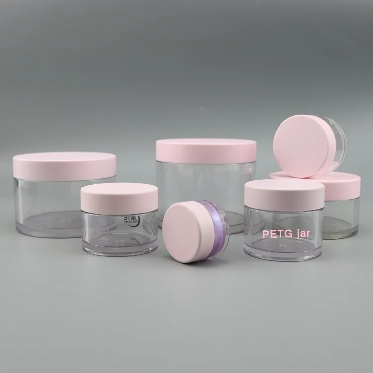 Mooie 1/2Oz 1Oz 2Oz 3Oz 4Oz 5Oz 6Oz 8Oz Plastic Cosmetische Verpakking Roze Deksel En Doorzichtige Plastic Pot Huidverzorging Gezichtscrème Potten