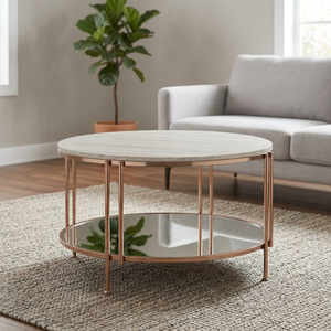 Mesa de centro redonda moderna para sala de estar, mesa con estructura de metal, estante de vidrio, mesa de centro con superficie de mármol para uso en oficina o restaurante. - Product Image 2