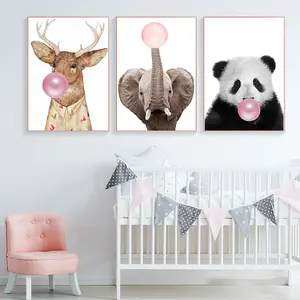 الفيل الباندا الحيوان الغزلان الحضانة المشارك الوردي فقاعة قماش اللوحة طباعة صور فنية للجدران للطفل أطفال الأطفال غرفة المعيشة