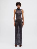Robe longue élégante pour femmes, en dentelle transparente, avec lacets, tissu en maille et bordure en strass, sans manches, longueur au sol