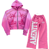 Nouvel ensemble sweat-shirt à capuche et chemise imprimée dégradé de couleurs roses, motif floral, style hip-hop rock décontracté américain, collection automne 2025