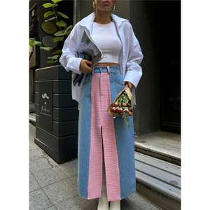 <b>Long</b> Vintage <b>Denim</b> <b>Skirt</b> Front Slit Button Decoration Casual Style <b>Plus</b> <b>Size</b> Light Printed for Spring Summer Autumn Seasons-Pink - Product Image 2