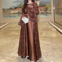 Ensemble Abaya à sequins et dentelle, ouvert sur le devant, deux pièces avec robe longue intérieure en satin, tenue élégante et modeste pour femmes musulmanes au quotidien