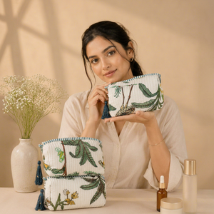 Set de Bolsas Cosméticas Acolchadas de Algodón Verde, Organizador de Maquillaje con Estampados de Animales, Estilo Bohemio, Ecológico, para Viaje - Product Image 1