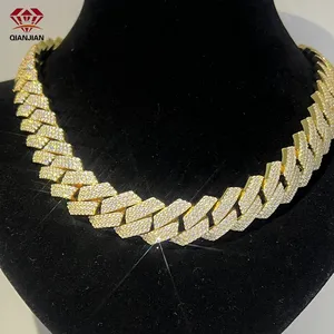 Qianjian Label pribadi rantai Miami Baguette Moissanite 14k 18k berlapis emas 18mm 3 baris rantai untuk Rapper Star