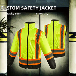 Men's Customizable Logo High Visibility <b>Yellow</b> Reflective Cotton ANSI Class 1 Construction Work <b>Jacket</b> <b>Waterproof</b> Vest Strips - Product Image 2