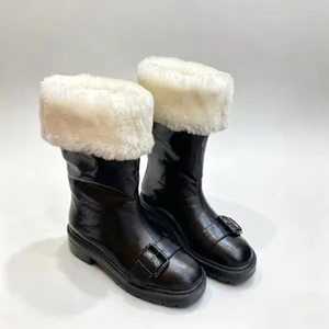 Snow boots Women Sheepskin Winter Boots Slip-On Plush Lined Closed Toe Anti-Slippery Rubber Sole Solid Color Flat Shoes - Product Image 1