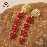Anting-anting gantung motif bunga dengan batu persegi facet Lapis Lazuli dan Rose Quartz alami berlapis emas 18K, bertabur CZ mikro pave, dan detail filigree.