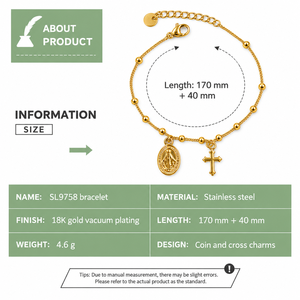 Beaded Chain <b>Cross</b> and Coin Charm <b>Bracelet</b> Stainless Steel 18K Gold Vacuum Plated Gold and <b>Silver</b> Colors - Product Image 4