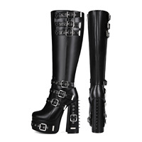 Bottes hautes en cuir PU élégantes et stylées, grande taille 47, noires, style gothique punk, bottines à plateforme épaisse, chaussures à talons épais pour femmes
