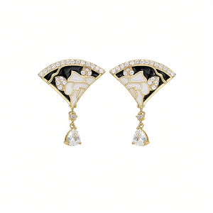 Boucles d'oreilles pendantes de luxe en cristal plaqué or avec motif floral en émail noir et blanc pour femme, bijoux de soirée - Product Image 1