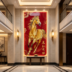 Arte Mural Chino Personalizado al por Mayor, Caballo Dorado de la Suerte, Pintura en Porcelana con Cristal, LED, Decoración de Pared Vertical Roja para el Éxito - Product Image 2