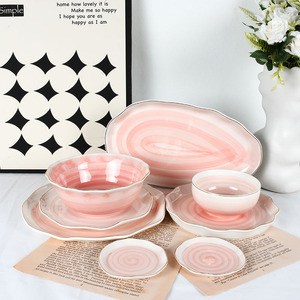 7pc Pink Galaxy Ceramic Dinnerware Set Hand-Gilded Gold Trim & Underglaze Surface <b>Microwave</b> & Dishwasher Safe - Product Image 1