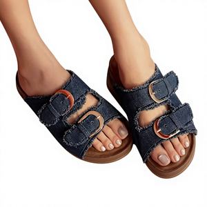 รองเท้าสไลด์ผ้ายีนส์แบบสายคู่พร้อมพื้นรองเท้าเพื่อความสบาย - Product Image 1