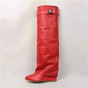 Bottes en cuir véritable tendance, à enfiler, à talon compensé, avec empiècements souples, pour femme, hauteur genou, décoration métallique, taille 43 - Product Image 6