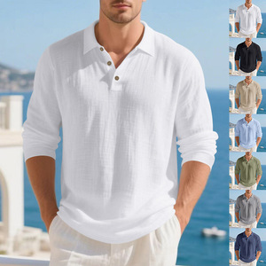 <span class=keywords><strong>Polo</strong></span> a Maniche Lunghe da Uomo 95% Lino 5% Poliestere Tessuto Tinta Unita Vestibilità Rilassata Pronta Consegna Primavera - Product Image 2
