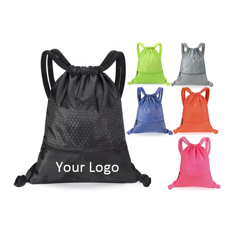 Custom promotional waterproof 210D polyester black sports nylon drawstring string back pack gift bag with zipper pocket logo