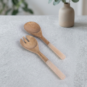 Nuevo Juego de Utensilios para Ensalada Ecológicos de Madera de Acacia y Resina con Mango Blanco, Aptos para Lavavajillas, Microondas y Horno - Product Image 1