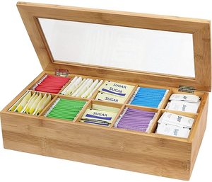 Bamboo display box premium organizer for tea bags tea box wood box for tea with 6 compartments
