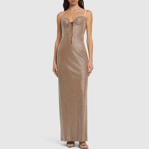 Robe de soirée longue pour femme, dos nu, sans manches, entièrement ornée de strass et de paillettes, avec superposition transparente, pour soirée et bal - Product Image 1