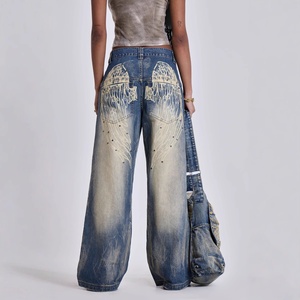 Señoras Casual Old Gradient Wing Print American Retro Loose Wide Leg Denim Desgastado Lavado Cintura media Temporada de verano Logotipo frontal - Product Image 5