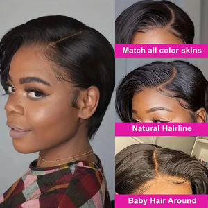 Peluca de <span class=keywords><strong>Cabello</strong></span> Remy Brasileño 100% Liso para Corte Pixie, Peluca Bob Corta con Encaje Transparente HD 13x4 para Mujeres con Gorro Pequeño - Product Image 2